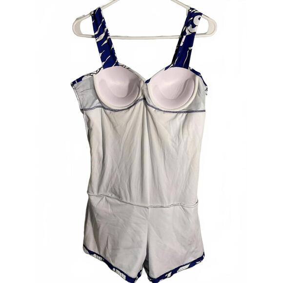 One Piece Blue/White Abstract Swimsuit with Tummy Control, Skirted, Shorts XL - Picture 8 of 11